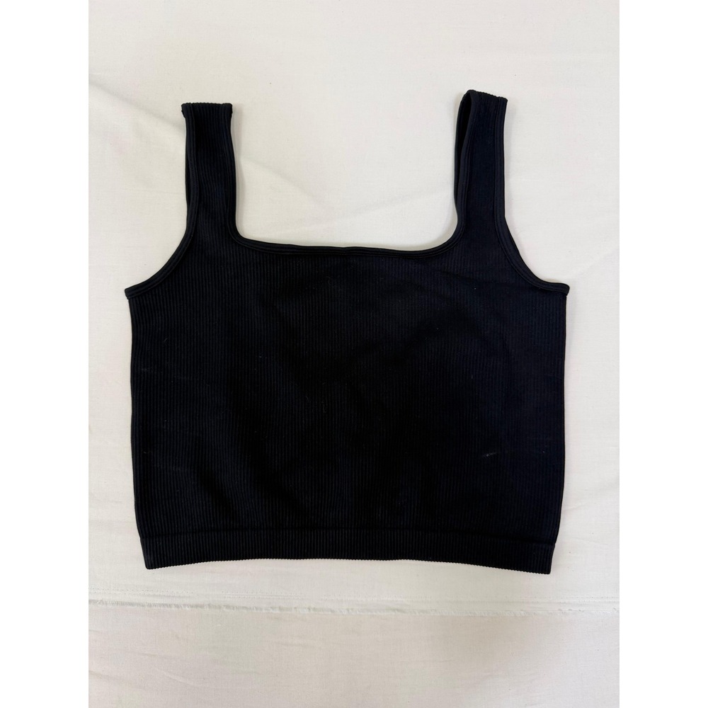Black Ribbed Square Neck Tank Top Wide Strap Crop Top XL